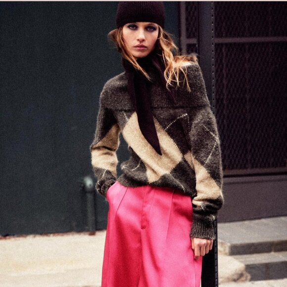 Zara, ARGYLE OFF-THE-SHOULDER KNIT SWEATER, M NWOT - Picture 2 of 4